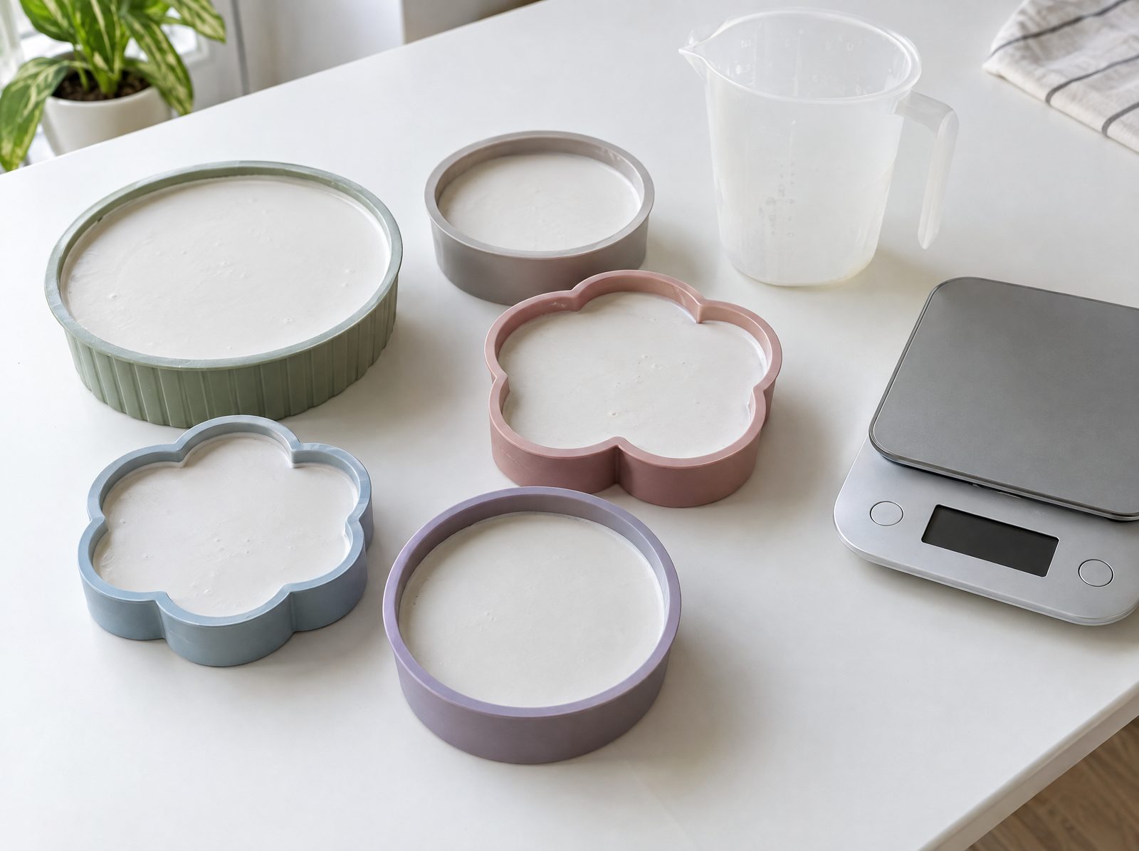 silicone molds filled with fresh plaster beside a jug and a scale