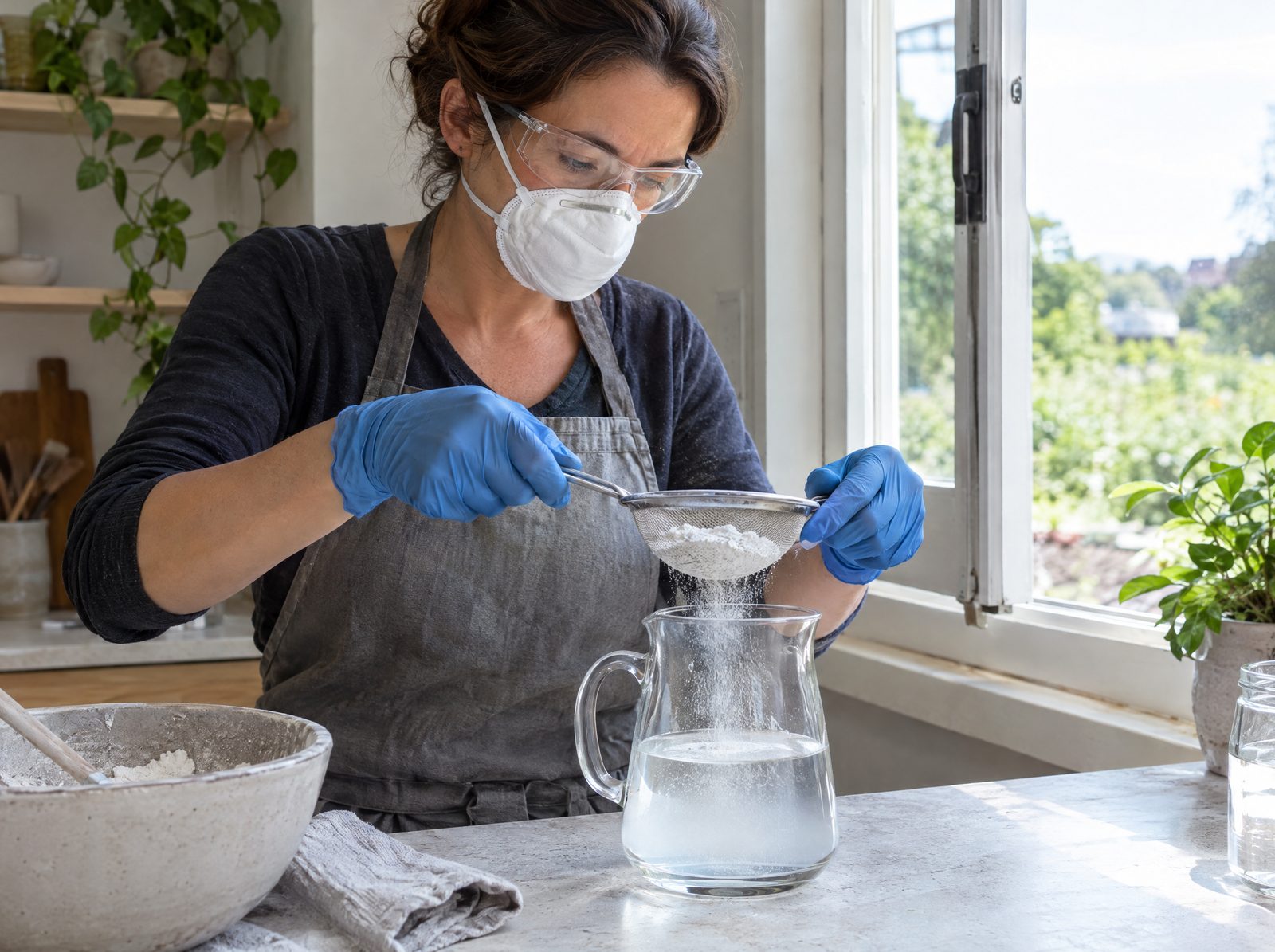 A maker in mask, glasses and gloves sifting plaster into water by an open window