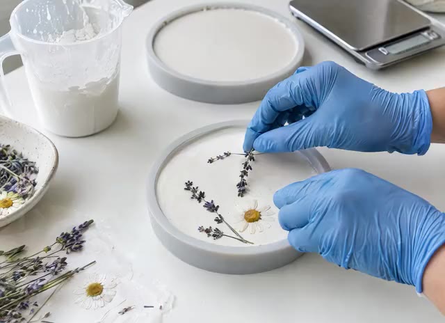 Gloved hands placing pressed flowers on fresh plaster